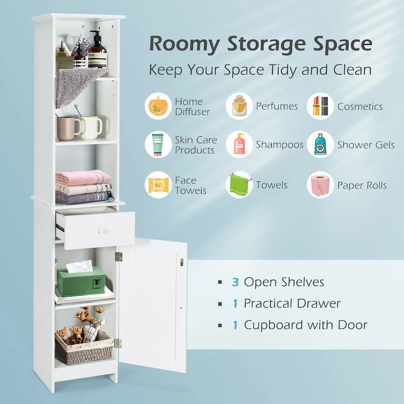 Bathroom Tall Storage Cabinet Freestanding Linen Tower w/ Open