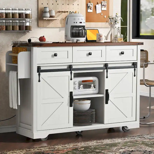 53.7 Farmhouse Kitchen Island With Power Outlet and Sliding Barn Doors, Rustic Storage Island With Drop Leaf and Drawers
