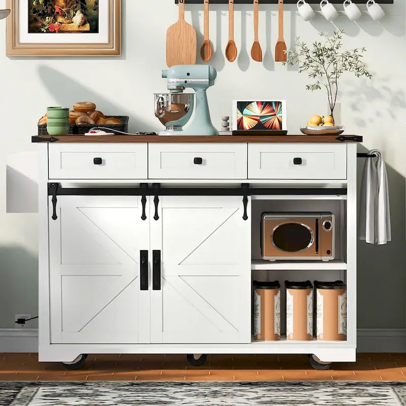 53.7 Farmhouse Kitchen Island With Power Outlet and Sliding Barn Doors, Rustic Storage Island With Drop Leaf and Drawers