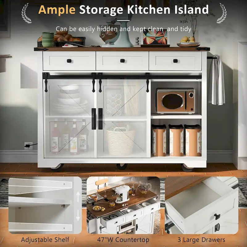 53.7 Farmhouse Kitchen Island With Power Outlet and Sliding Barn Doors, Rustic Storage Island With Drop Leaf and Drawers