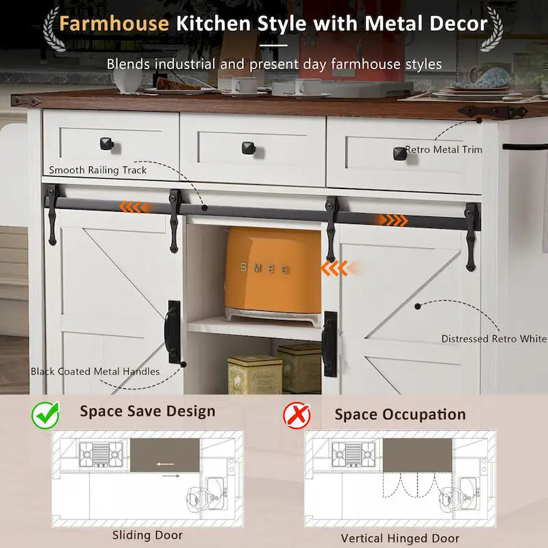 53.7 Farmhouse Kitchen Island With Power Outlet and Sliding Barn Doors, Rustic Storage Island With Drop Leaf and Drawers