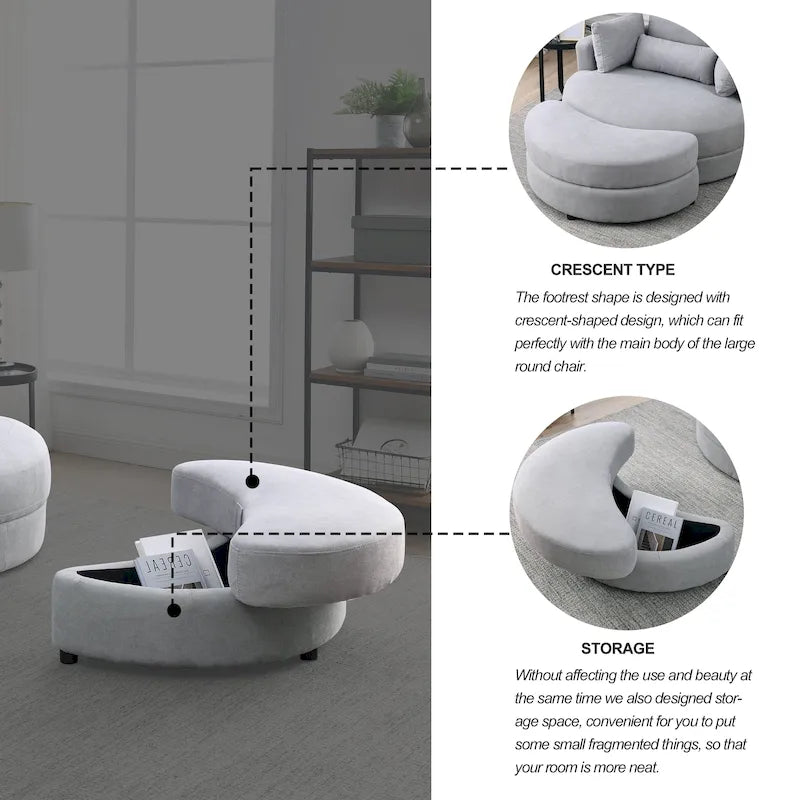 Swivel Accent Barrel Modern Grey Sofa Lounge Club Big Round Chair with Storage Ottoman