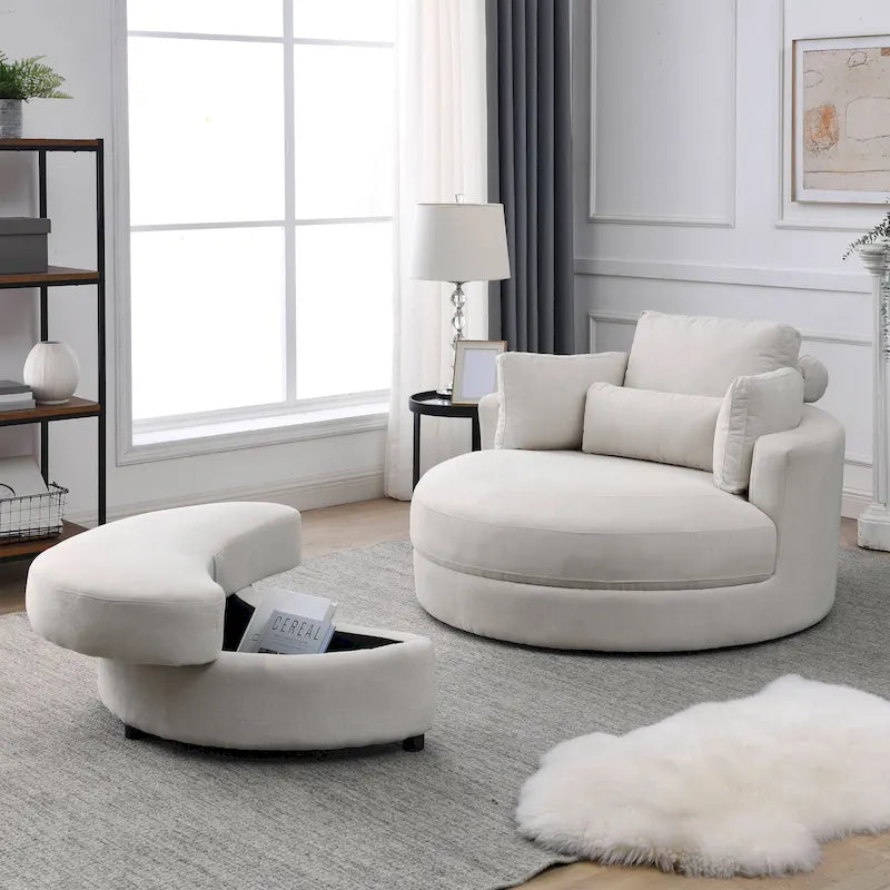 Swivel Accent Barrel Modern Grey Sofa Lounge Club Big Round Chair with Storage Ottoman