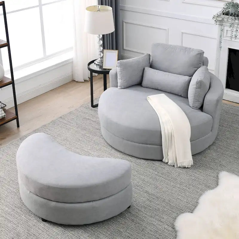 Swivel Accent Barrel Modern Grey Sofa Lounge Club Big Round Chair with Storage Ottoman