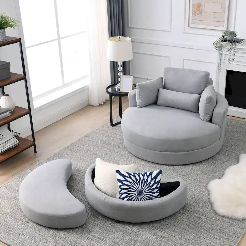 Swivel Accent Barrel Modern Grey Sofa Lounge Club Big Round Chair with Storage Ottoman