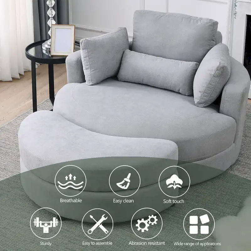 Swivel Accent Barrel Modern Grey Sofa Lounge Club Big Round Chair with Storage Ottoman