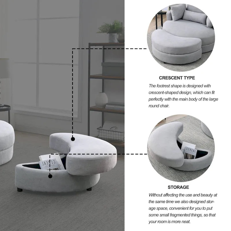 Swivel Accent Barrel Modern Grey Sofa Lounge Club Big Round Chair with Storage Ottoman