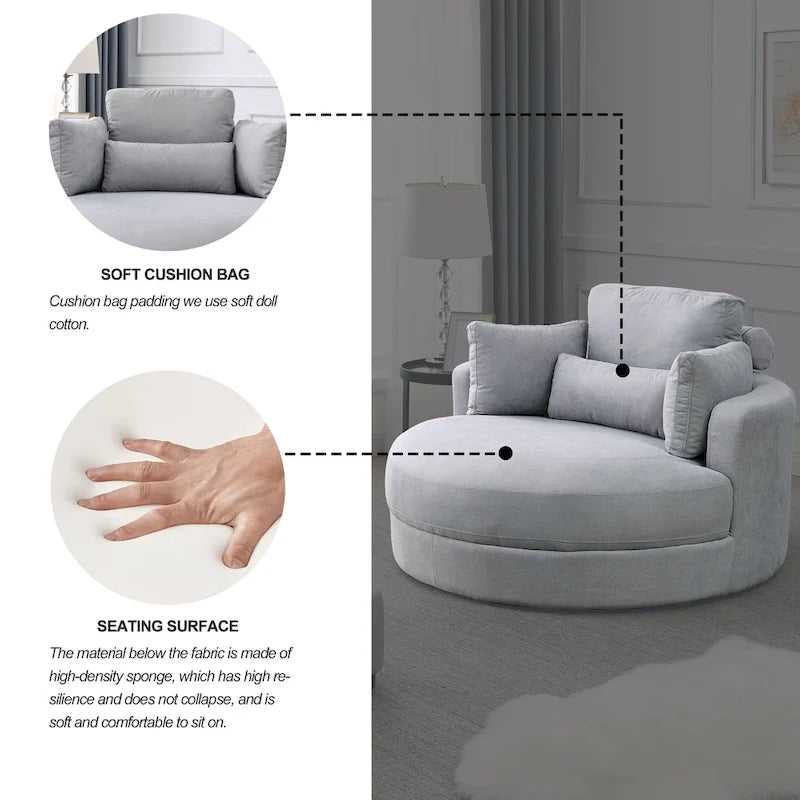 Swivel Accent Barrel Modern Grey Sofa Lounge Club Big Round Chair with Storage Ottoman