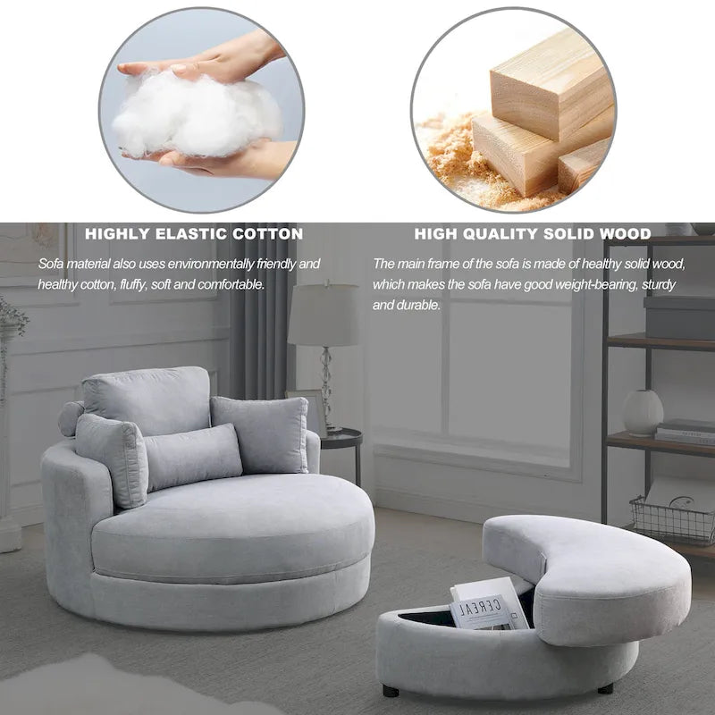 Swivel Accent Barrel Modern Grey Sofa Lounge Club Big Round Chair with Storage Ottoman