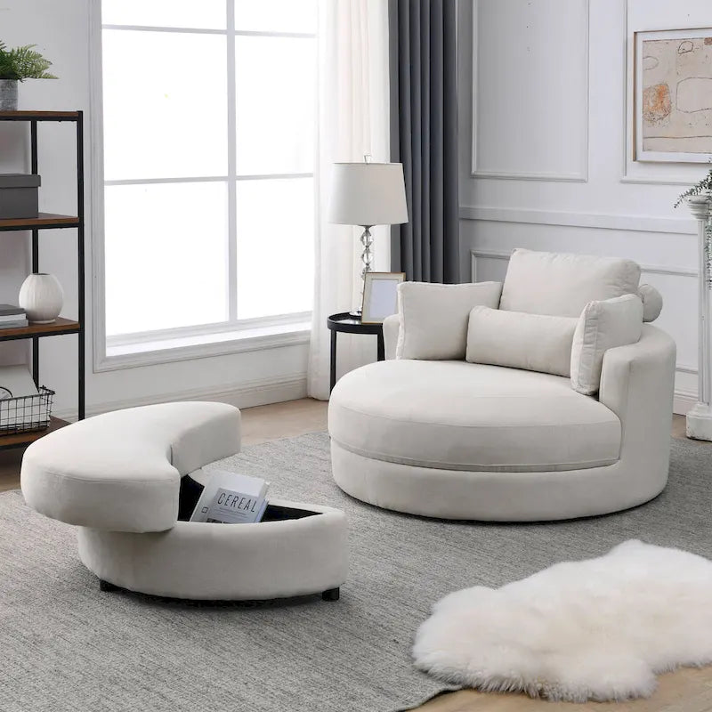 Swivel Accent Barrel Modern Grey Sofa Lounge Club Big Round Chair with Storage Ottoman