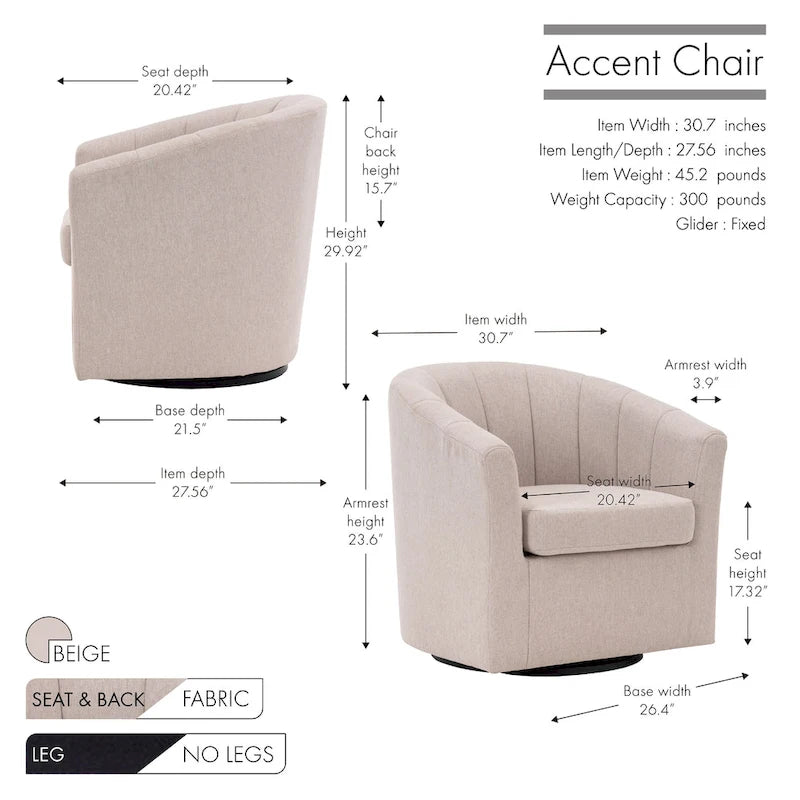 Swivel Fabric Barrel Accent Chair with Removable Seat Cushion
