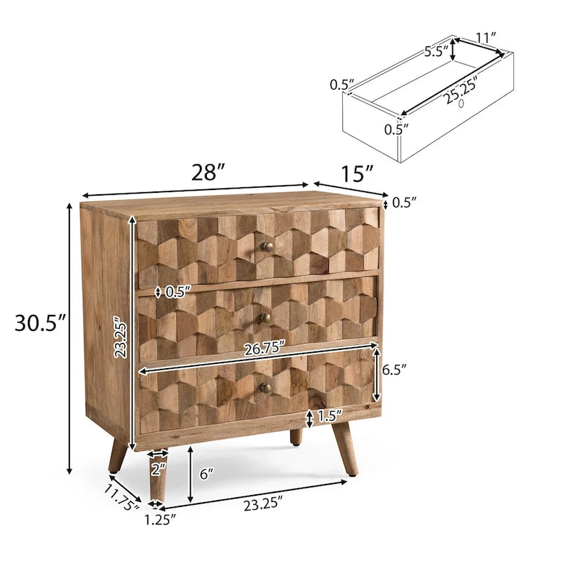 Mid-Century Modern Handcrafted Mango Wood 3 Drawer Chest by