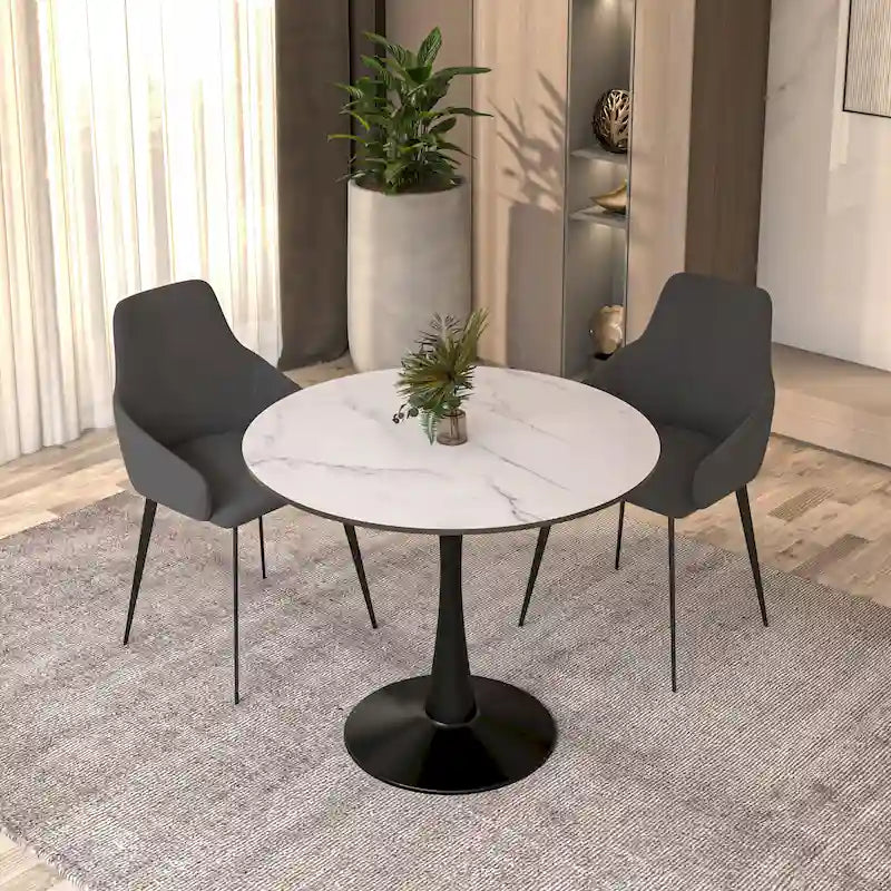 32 Mid Century Modern Round Dining Table, MDF Wood Top & Glossy Iron Pedestal Base for Kitchen & Dining Room