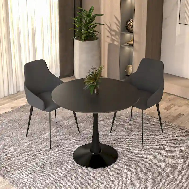 32 Mid Century Modern Round Dining Table, MDF Wood Top & Glossy Iron Pedestal Base for Kitchen & Dining Room