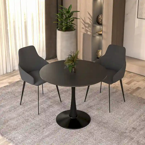 32 Mid Century Modern Round Dining Table, MDF Wood Top & Glossy Iron Pedestal Base for Kitchen & Dining Room
