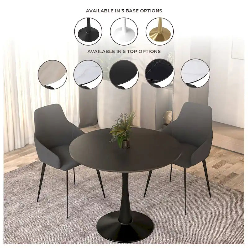 32 Mid Century Modern Round Dining Table, MDF Wood Top & Glossy Iron Pedestal Base for Kitchen & Dining Room