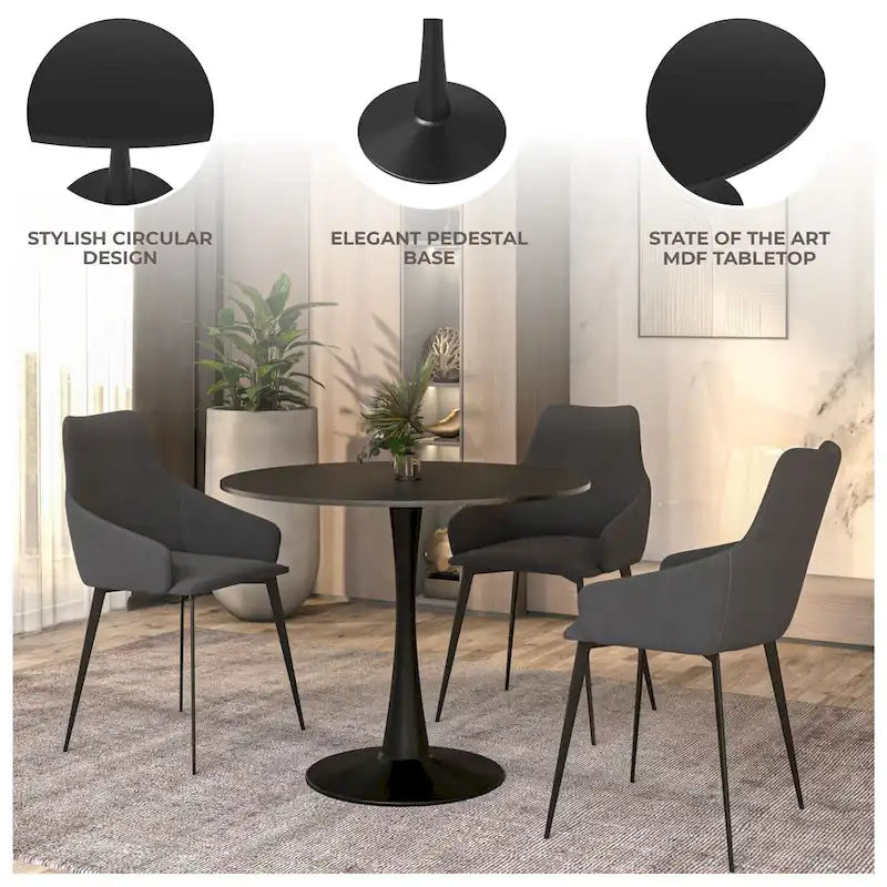32 Mid Century Modern Round Dining Table, MDF Wood Top & Glossy Iron Pedestal Base for Kitchen & Dining Room