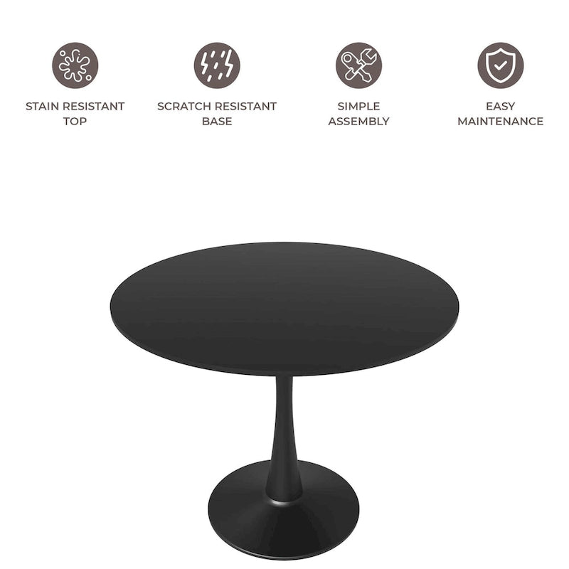 32 Mid Century Modern Round Dining Table, MDF Wood Top & Glossy Iron Pedestal Base for Kitchen & Dining Room
