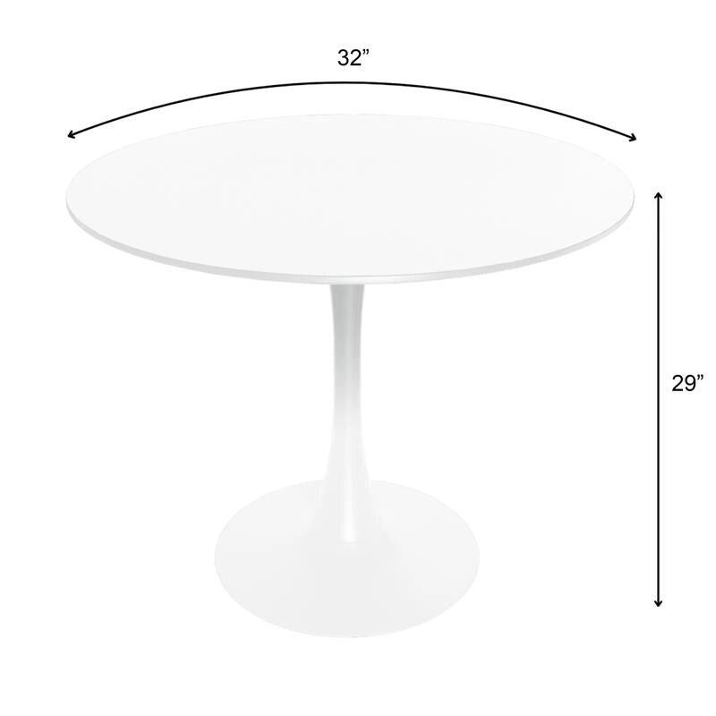32 Mid Century Modern Round Dining Table, MDF Wood Top & Glossy Iron Pedestal Base for Kitchen & Dining Room