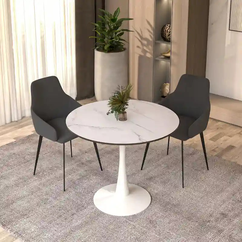 32 Mid Century Modern Round Dining Table, MDF Wood Top & Glossy Iron Pedestal Base for Kitchen & Dining Room