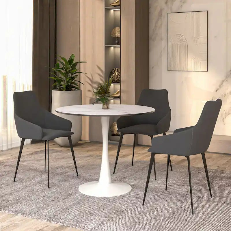32 Mid Century Modern Round Dining Table, MDF Wood Top & Glossy Iron Pedestal Base for Kitchen & Dining Room