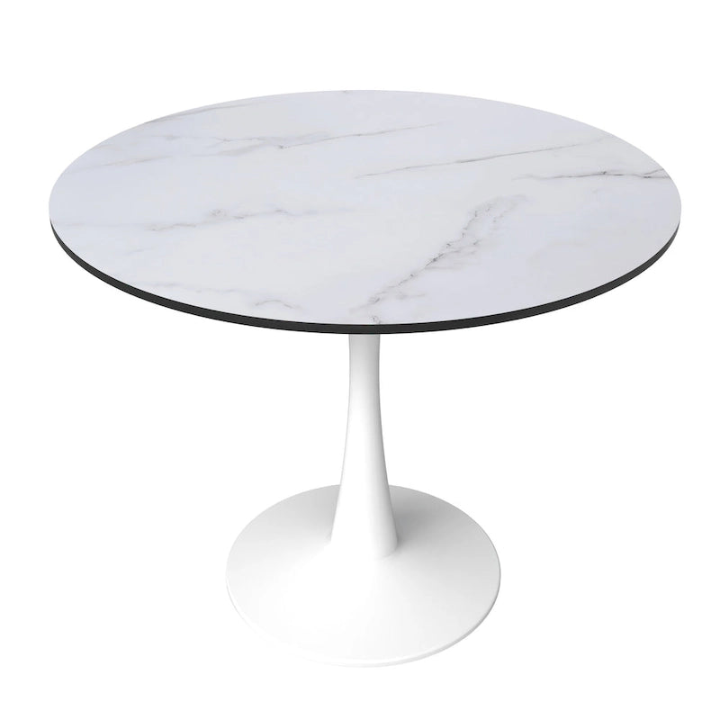 32 Mid Century Modern Round Dining Table, MDF Wood Top & Glossy Iron Pedestal Base for Kitchen & Dining Room