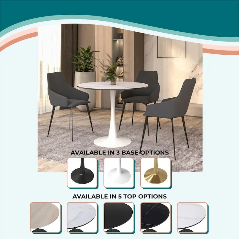 32 Mid Century Modern Round Dining Table, MDF Wood Top & Glossy Iron Pedestal Base for Kitchen & Dining Room