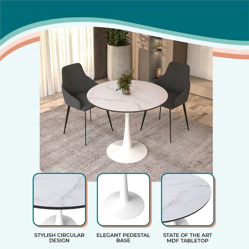 32 Mid Century Modern Round Dining Table, MDF Wood Top & Glossy Iron Pedestal Base for Kitchen & Dining Room