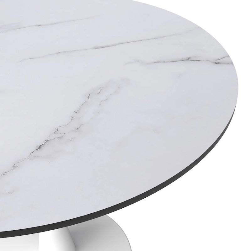 32 Mid Century Modern Round Dining Table, MDF Wood Top & Glossy Iron Pedestal Base for Kitchen & Dining Room