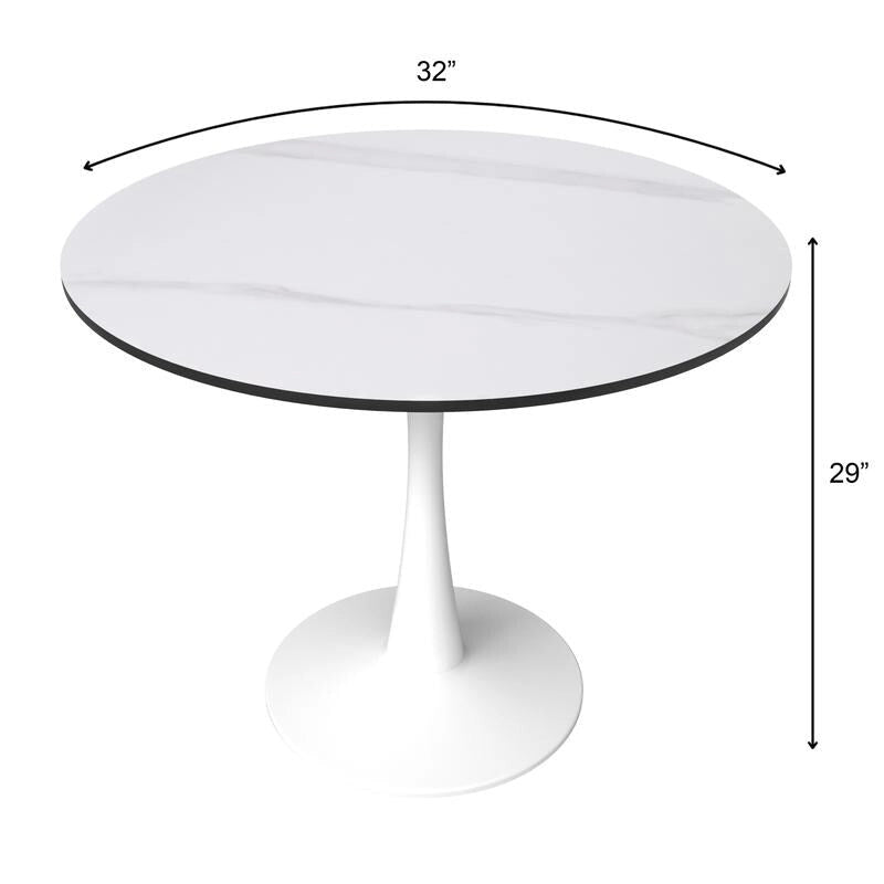 32 Mid Century Modern Round Dining Table, MDF Wood Top & Glossy Iron Pedestal Base for Kitchen & Dining Room