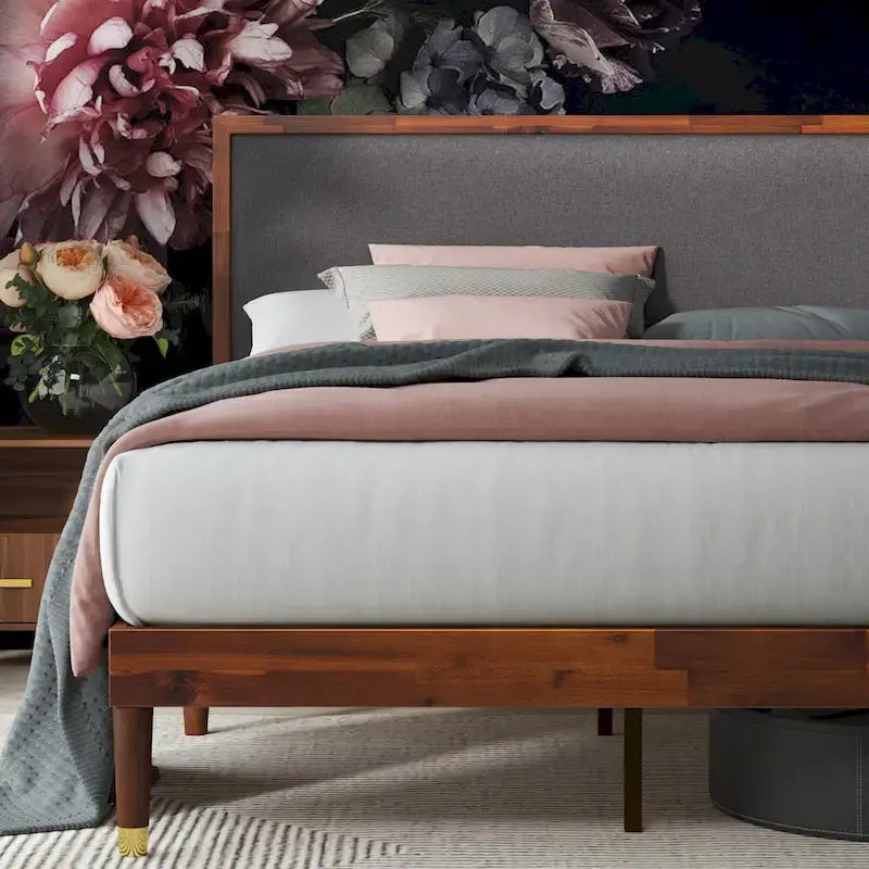 Wood Platform Bed Frame with Adjustable Upholstered Headboard