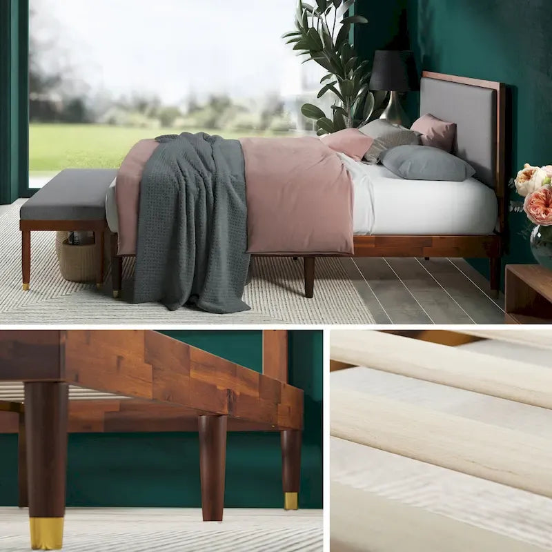Wood Platform Bed Frame with Adjustable Upholstered Headboard