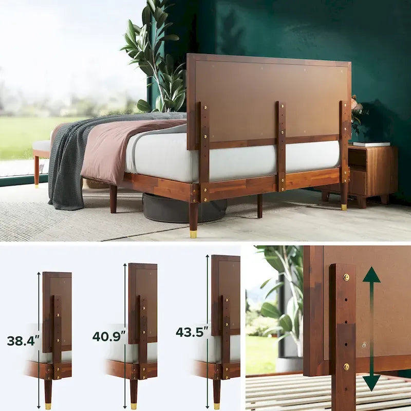 Wood Platform Bed Frame with Adjustable Upholstered Headboard
