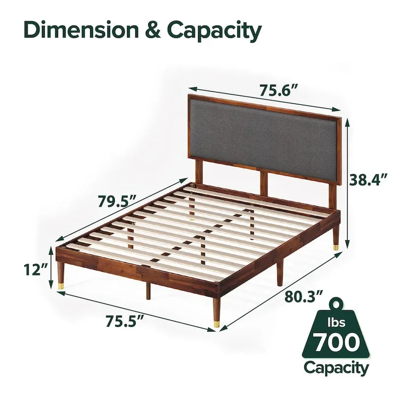 Wood Platform Bed Frame with Adjustable Upholstered Headboard