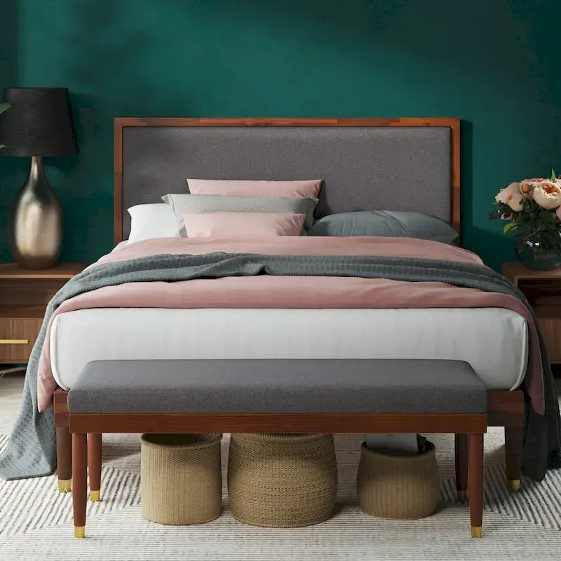 Wood Platform Bed Frame with Adjustable Upholstered Headboard