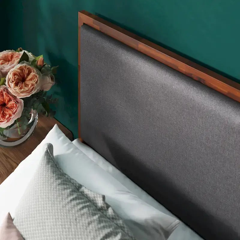 Wood Platform Bed Frame with Adjustable Upholstered Headboard