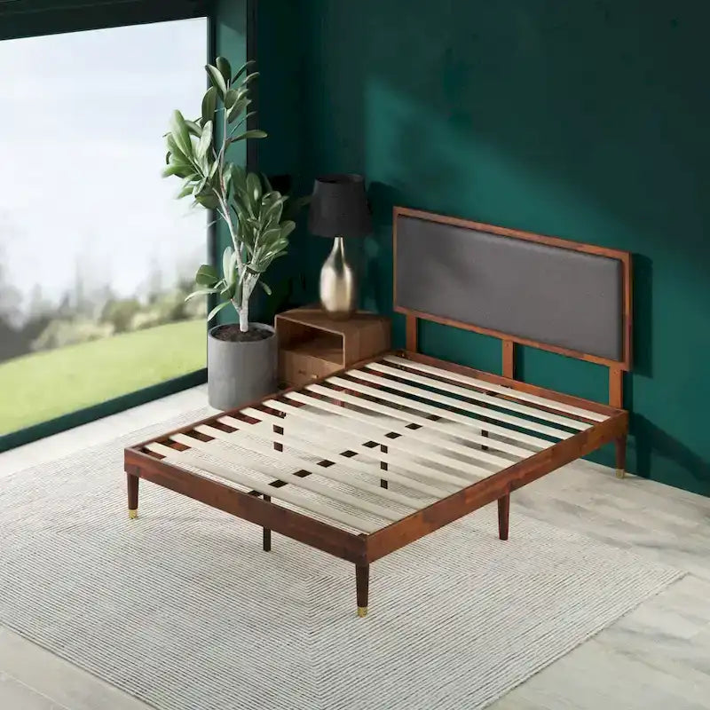 Wood Platform Bed Frame with Adjustable Upholstered Headboard