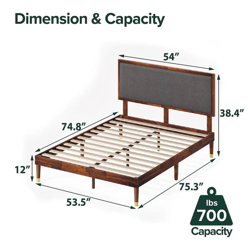 Wood Platform Bed Frame with Adjustable Upholstered Headboard