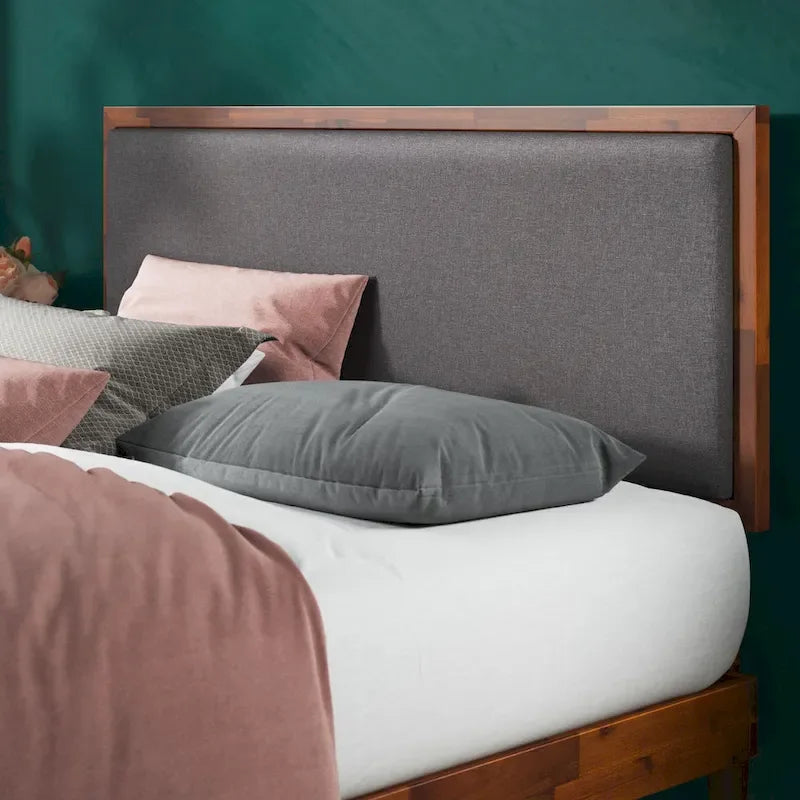 Wood Platform Bed Frame with Adjustable Upholstered Headboard
