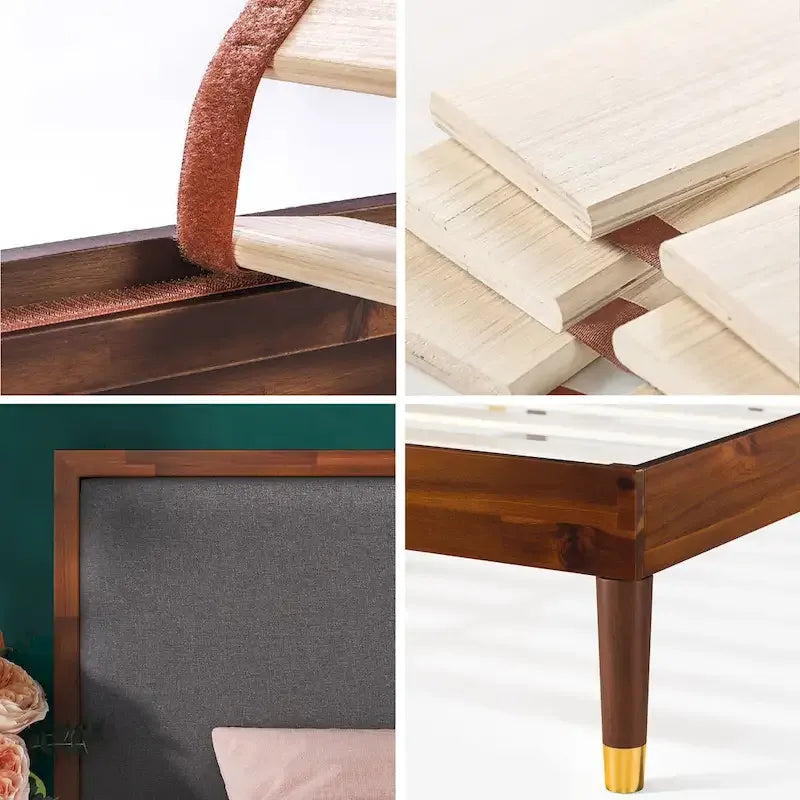 Wood Platform Bed Frame with Adjustable Upholstered Headboard