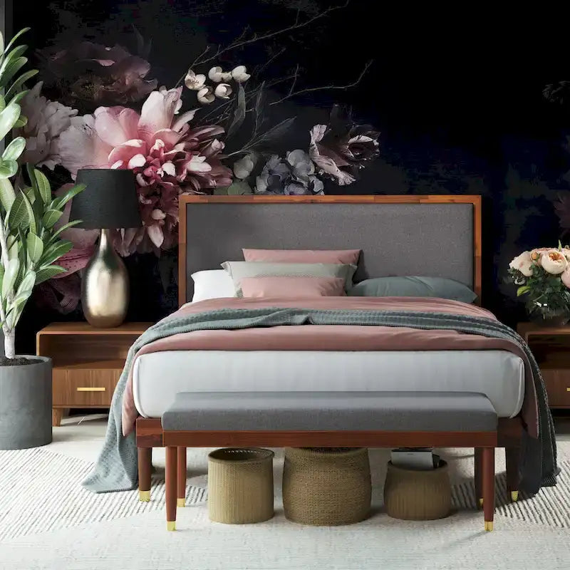 Wood Platform Bed Frame with Adjustable Upholstered Headboard