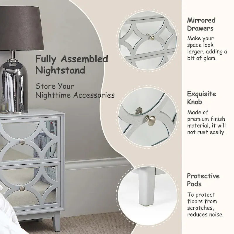 Contemporary Mirror Front Nightstand, Modern Dresser for Bedroom, Living Room, Entryway
