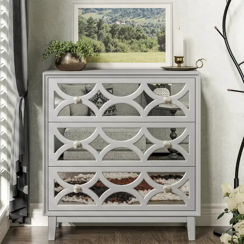 Contemporary Mirror Front Nightstand, Modern Dresser for Bedroom, Living Room, Entryway