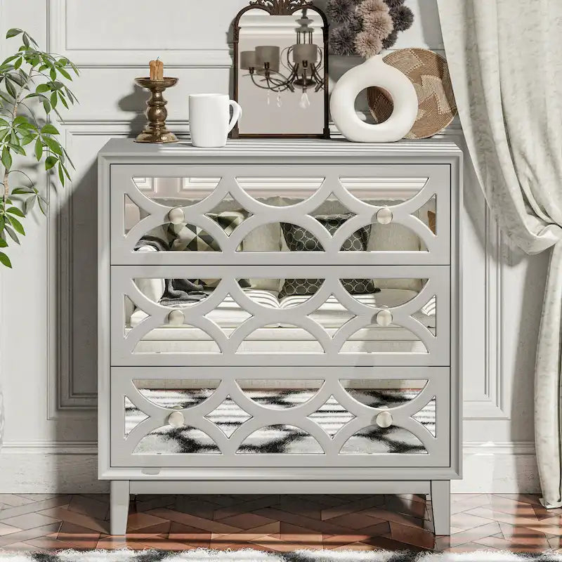 Contemporary Mirror Front Nightstand, Modern Dresser for Bedroom, Living Room, Entryway