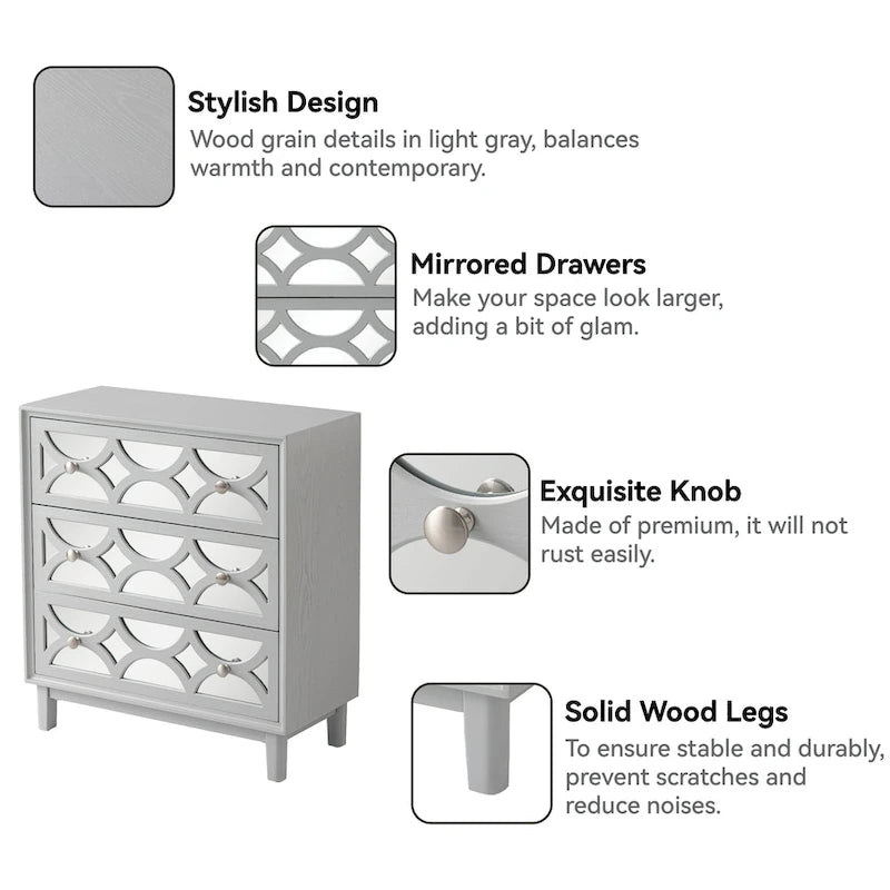 Contemporary Mirror Front Nightstand, Modern Dresser for Bedroom, Living Room, Entryway