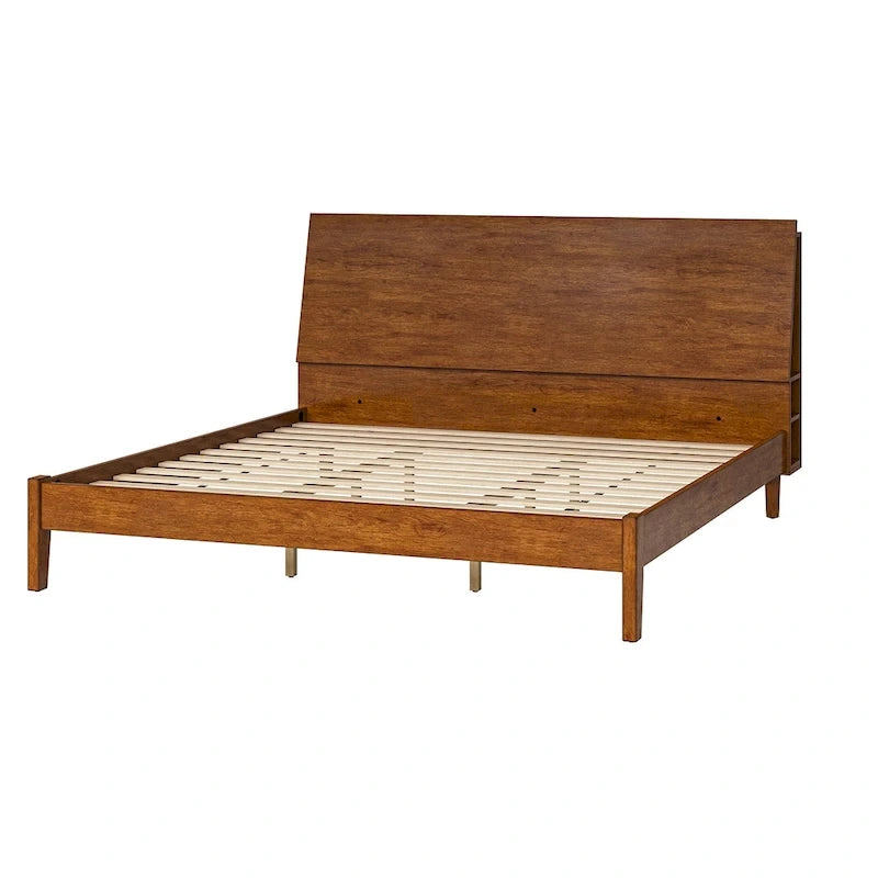 Mid-Century Modern Solid Wood Platform Bed with USB Ports and Storage Space by