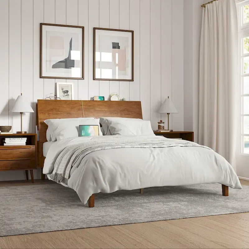 Mid-Century Modern Solid Wood Platform Bed with USB Ports and Storage Space by