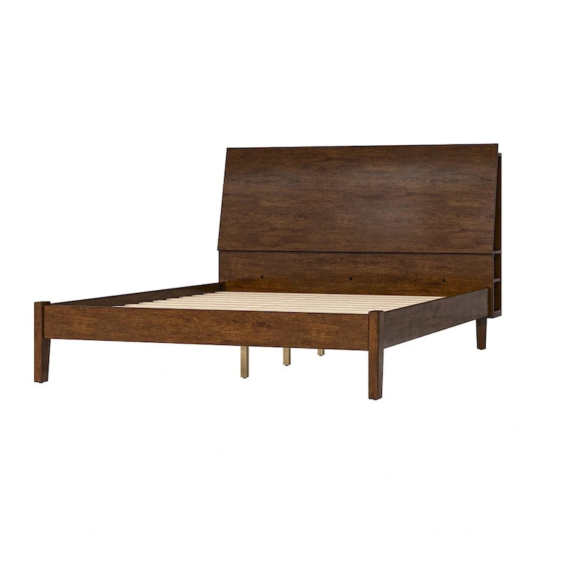 Mid-Century Modern Solid Wood Platform Bed with USB Ports and Storage Space by
