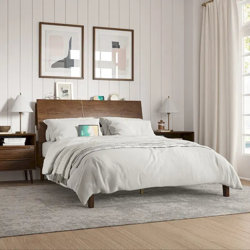 Mid-Century Modern Solid Wood Platform Bed with USB Ports and Storage Space by