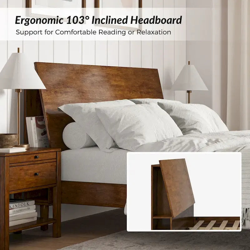 Mid-Century Modern Solid Wood Platform Bed with USB Ports and Storage Space by